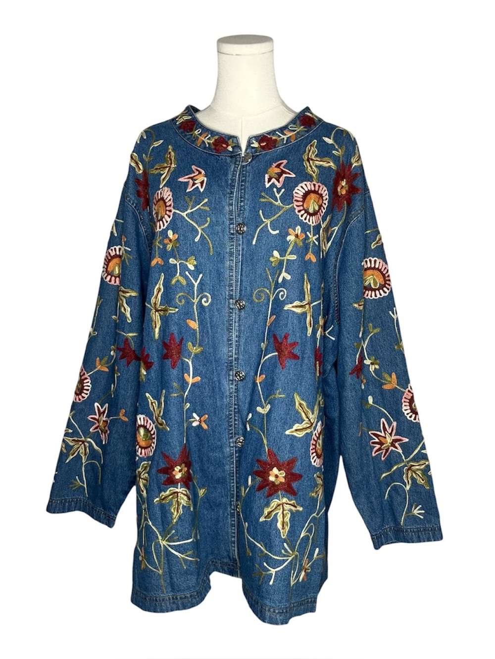Denim 24/7 Chainstitch Embroidered Floral Shirt Jacket Mandarin Collar Size 3X